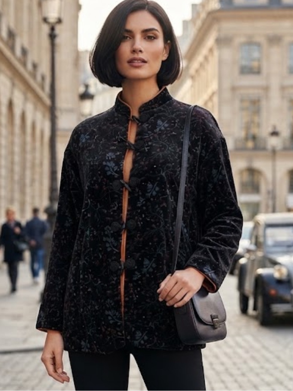 Vintage Bonwit Teller Elegant Black Velvet Jacket with Floral Pattern